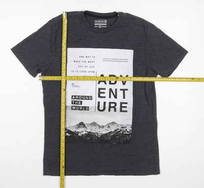 Garage Inc Men's Grey Adventure Print Crew Neck Graphic T-Shirt Medium