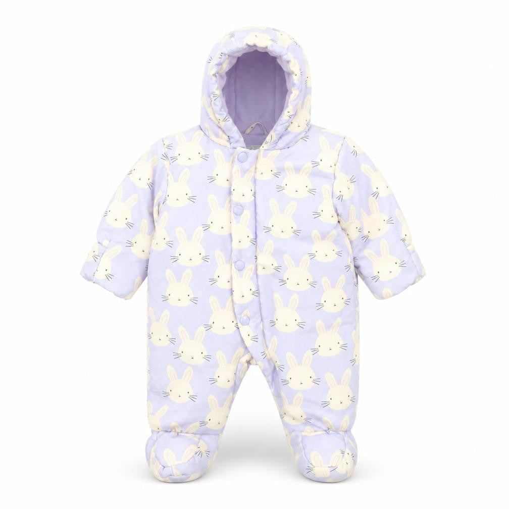 Front view of Marks & Spencer unisex baby purple bunny hooded coverall 0-3 months