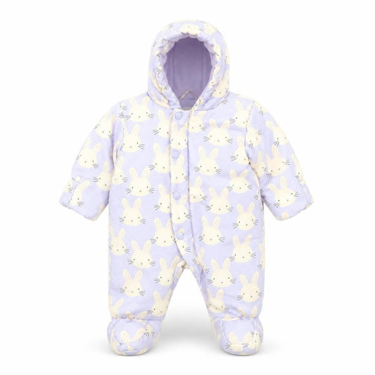 Front view of Marks & Spencer unisex baby purple bunny hooded coverall 0-3 months