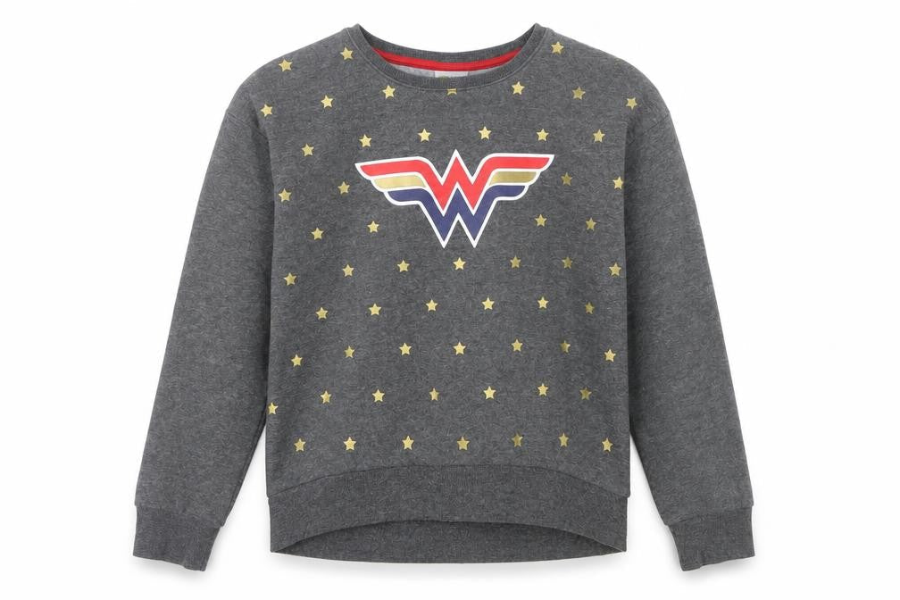 Front view of Wonder Woman girls’ grey sweatshirt, size 14, star print cotton blend