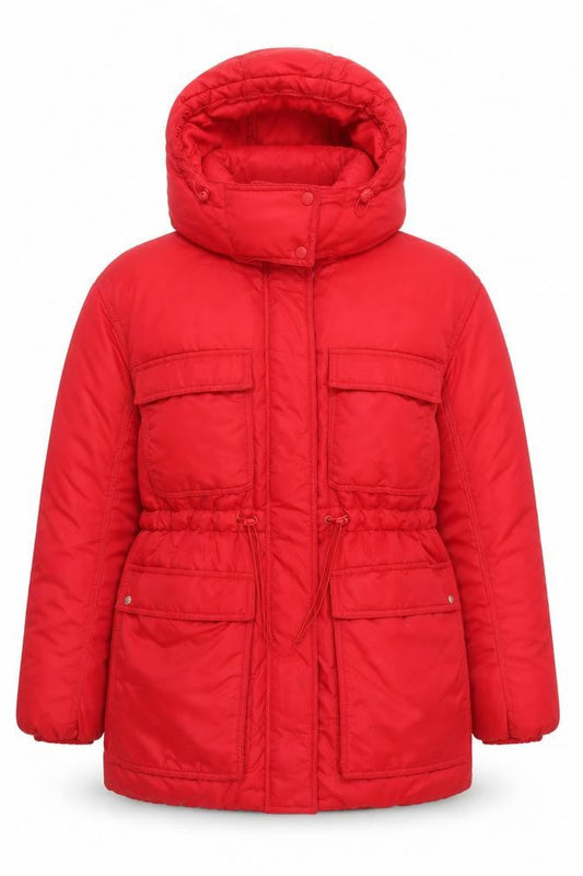 H&M Womens Red Mid-Length Hooded Puffer Jacket Size M