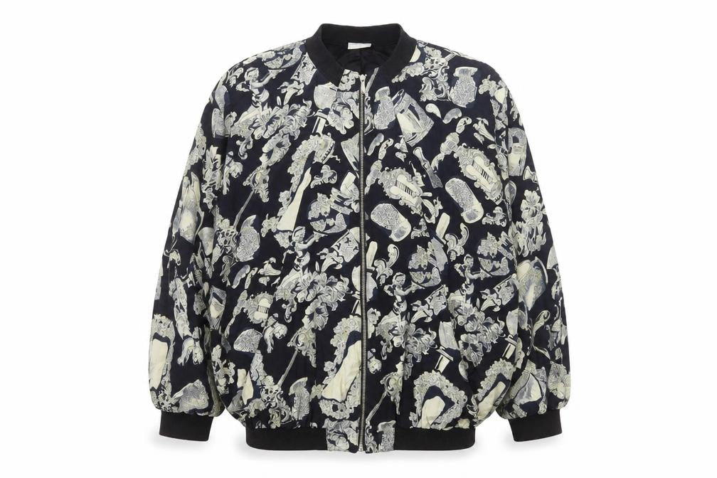 Front view of Liana Moden unisex black art print bomber jacket, size 36, viscose rayon