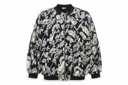 Front view of Liana Moden unisex black art print bomber jacket, size 36, viscose rayon
