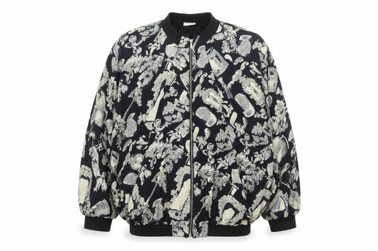 Front view of Liana Moden unisex black art print bomber jacket, size 36, viscose rayon