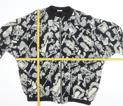 Liana Moden Unisex Black Art Print Bomber Jacket Size 36 Viscose Rayon
