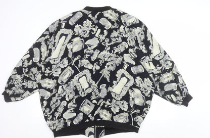 Liana Moden Unisex Black Art Print Bomber Jacket Size 36 Viscose Rayon