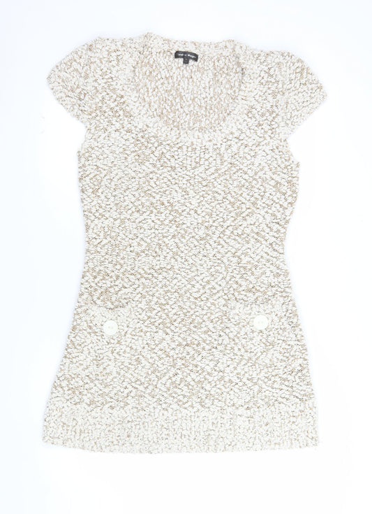 Caroline Morgan Women Beige Knit Shift Dress Size 16 Short Sleeve