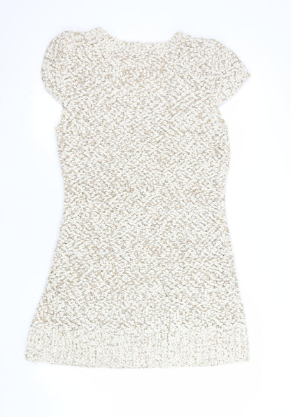 Caroline Morgan Women Beige Knit Shift Dress Size 16 Short Sleeve