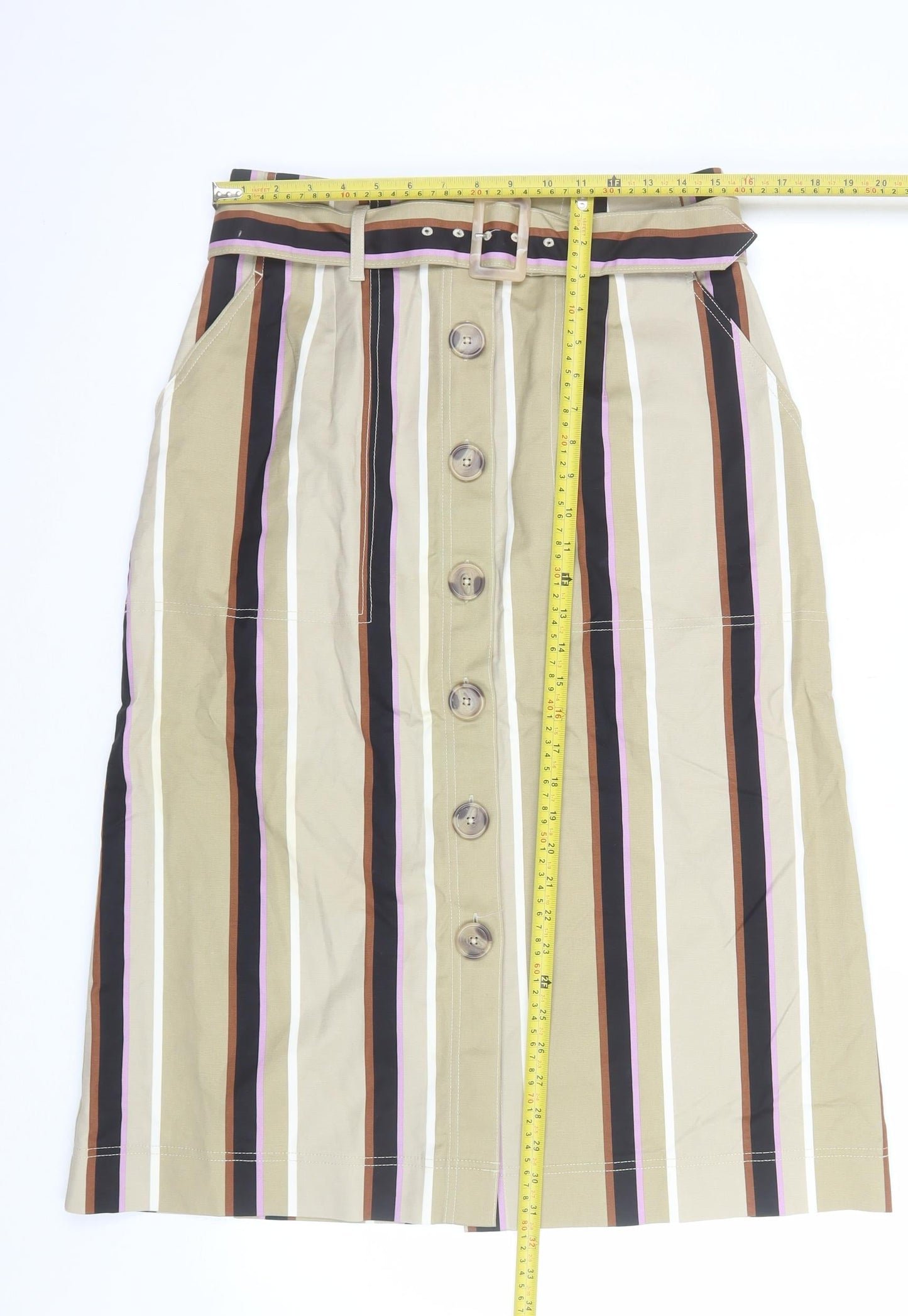 Marks and Spencer Womens Beige Striped Midi A-Line Cotton Skirt Size 12