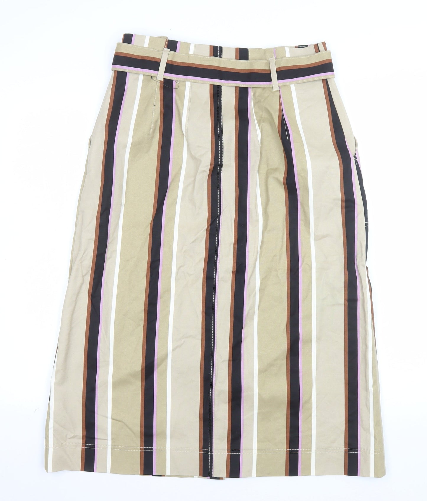 Marks and Spencer Womens Beige Striped Midi A-Line Cotton Skirt Size 12