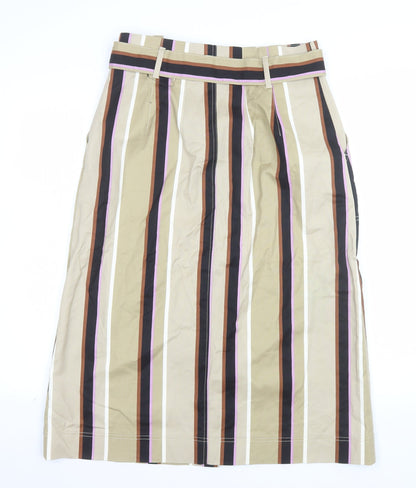 Marks and Spencer Womens Beige Striped Midi A-Line Cotton Skirt Size 12
