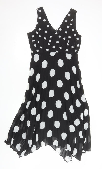 Wallis Women’s Black White Polka Dot A-Line V-Neck Sleeveless Dress UK 10