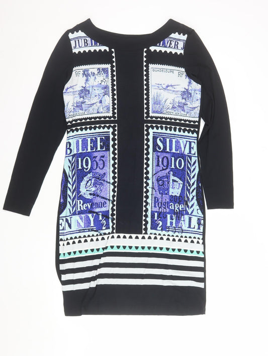Olsen Womens Blue Graphic Shift Dress Size 12 Long Sleeve