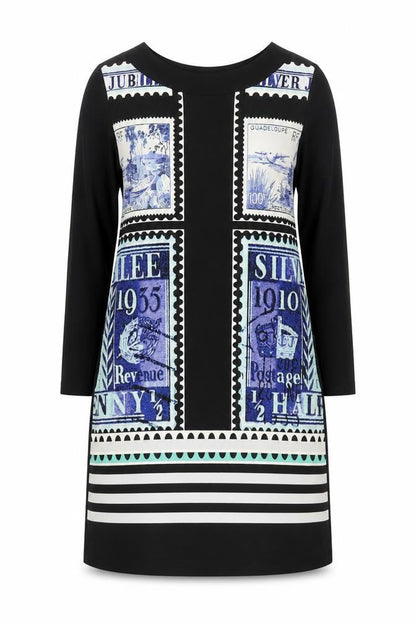 Olsen Womens Blue Graphic Shift Dress Size 12 Long Sleeve