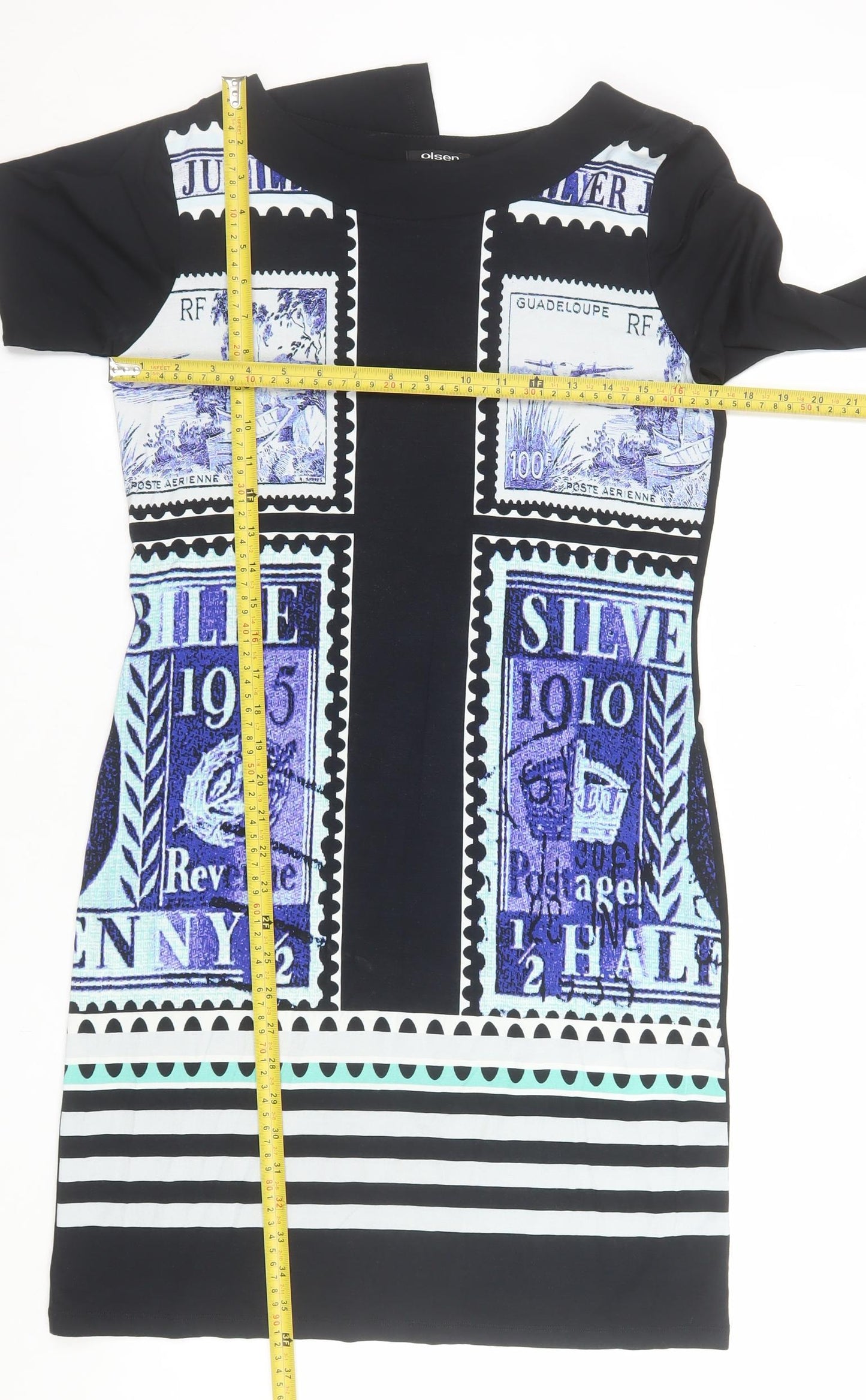 Olsen Womens Blue Graphic Shift Dress Size 12 Long Sleeve