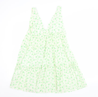 ASOS Women Green Floral Cotton Swing Dress Size 8 Sleeveless V-Neck