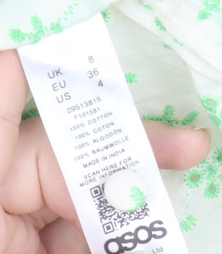 ASOS Women Green Floral Cotton Swing Dress Size 8 Sleeveless V-Neck