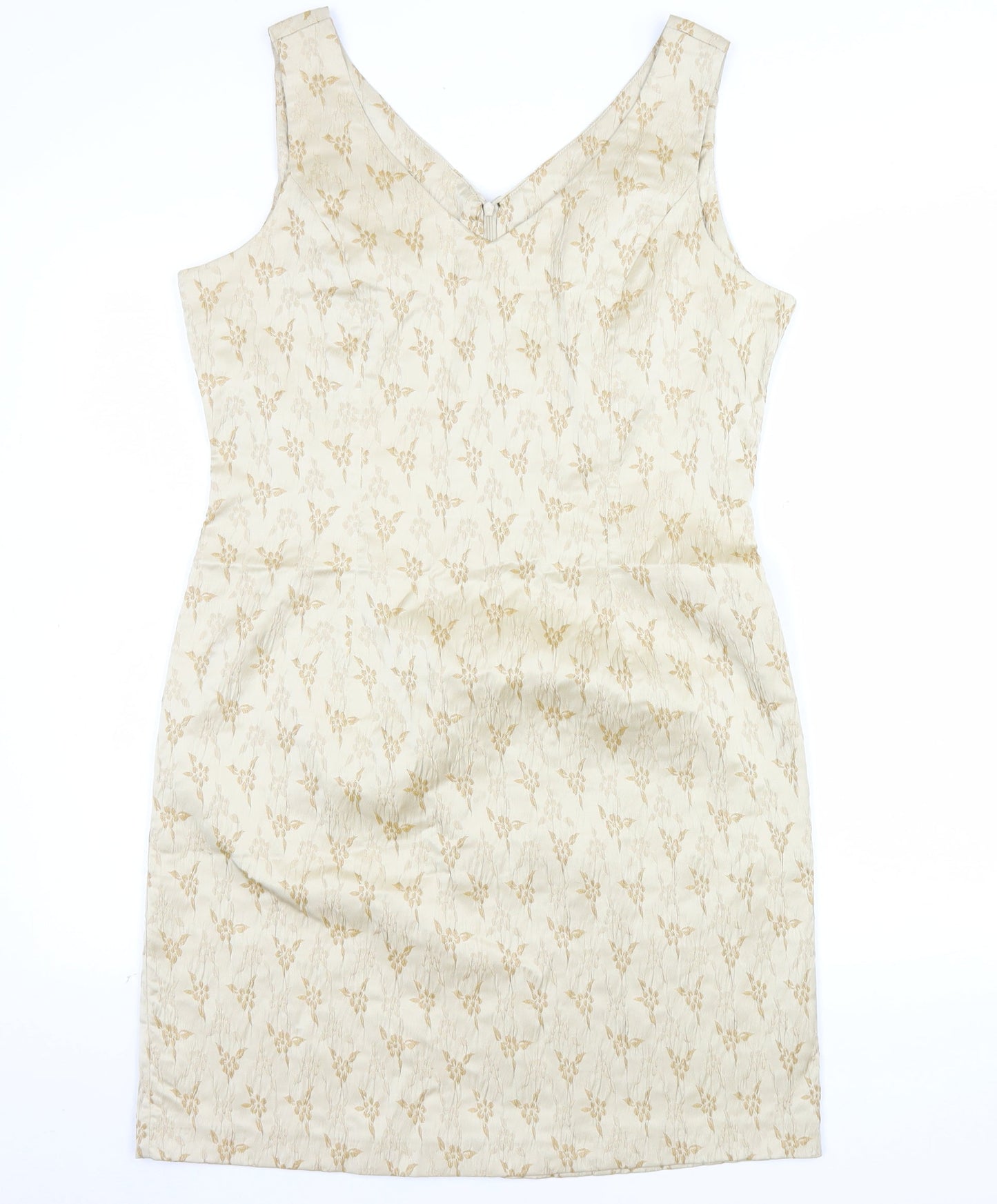 BHS Women’s Beige Floral Jacquard Sheath Dress Size 16 Sleeveless V-Neck