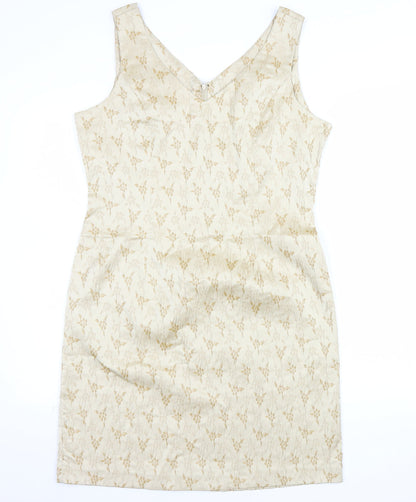 BHS Women’s Beige Floral Jacquard Sheath Dress Size 16 Sleeveless V-Neck