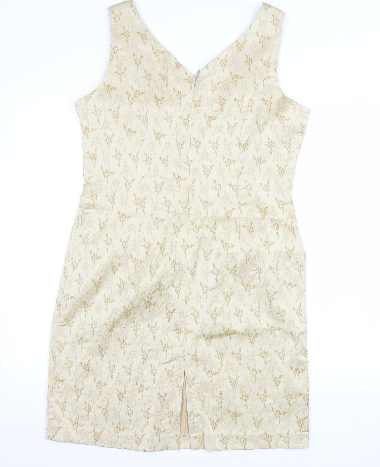BHS Women’s Beige Floral Jacquard Sheath Dress Size 16 Sleeveless V-Neck