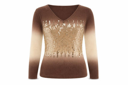 KT Womens Brown Sequin V-Neck Long Sleeve Knit Top Size 16