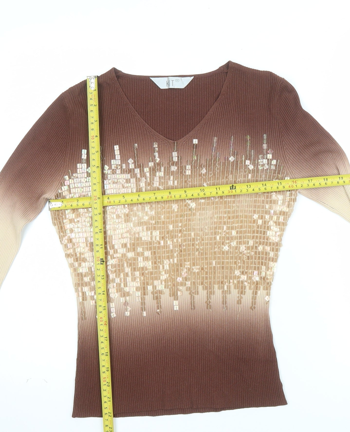 KT Womens Brown Sequin V-Neck Long Sleeve Knit Top Size 16