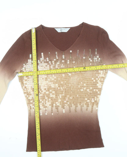 KT Womens Brown Sequin V-Neck Long Sleeve Knit Top Size 16