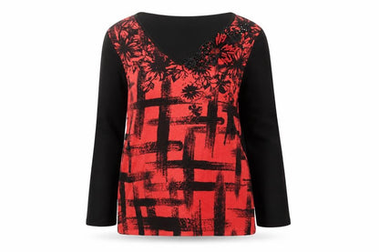 Cristina Paris Womens Red Black Floral Beaded Viscose Tunic Top Size M