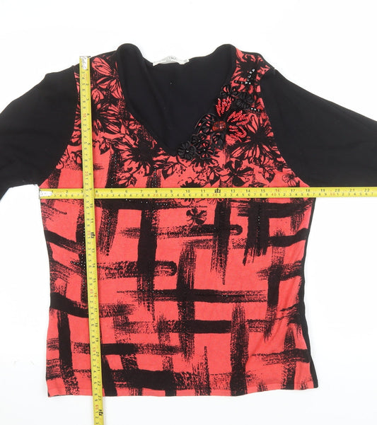 Cristina Paris Womens Red Black Floral Beaded Viscose Tunic Top Size M