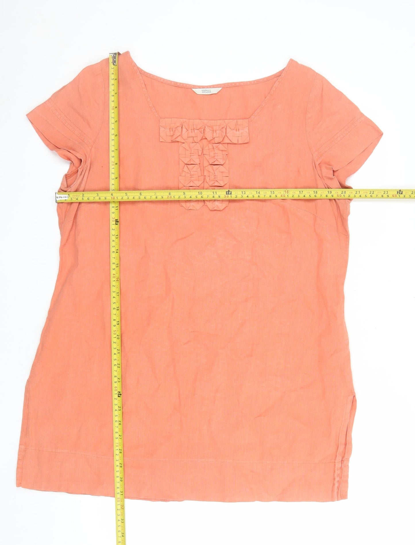 Marks and Spencer Women Orange Linen Shift Dress Size 18 Short Sleeve