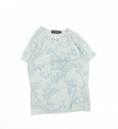 JFW Womens Green Floral Angora Wool Short Sleeve Pullover Jumper Size S