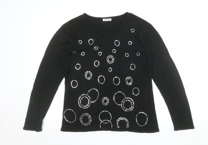 Damart Women’s Black Sequin V-Neck Acrylic Pullover Jumper Size S
