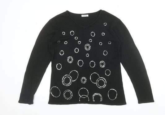 Damart Women’s Black Sequin V-Neck Acrylic Pullover Jumper Size S