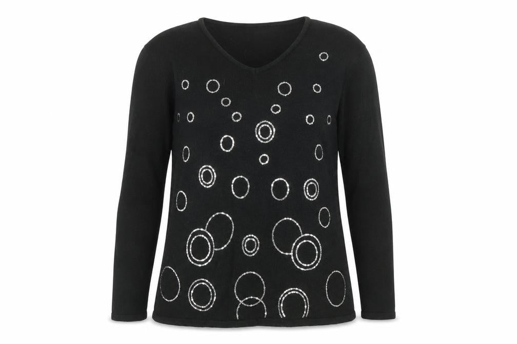 Damart Women’s Black Sequin V-Neck Acrylic Pullover Jumper Size S