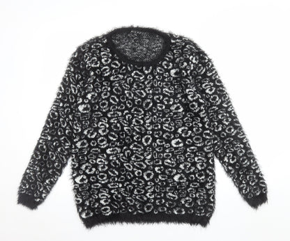 Micha Women’s Black Animal Print Fluffy Knit Jumper S Round Neck