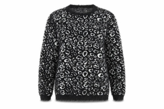 Micha Women’s Black Animal Print Fluffy Knit Jumper S Round Neck