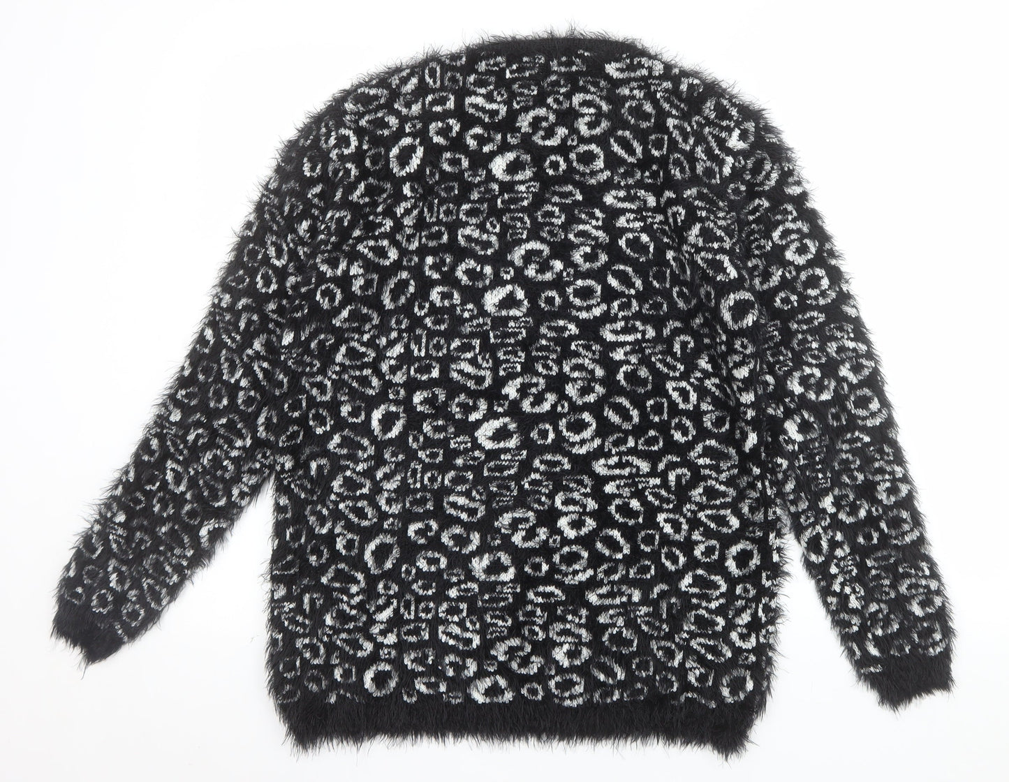 Micha Women’s Black Animal Print Fluffy Knit Jumper S Round Neck