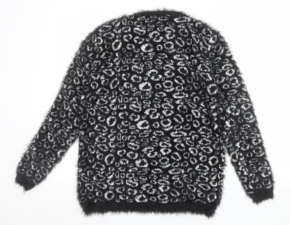Micha Women’s Black Animal Print Fluffy Knit Jumper S Round Neck