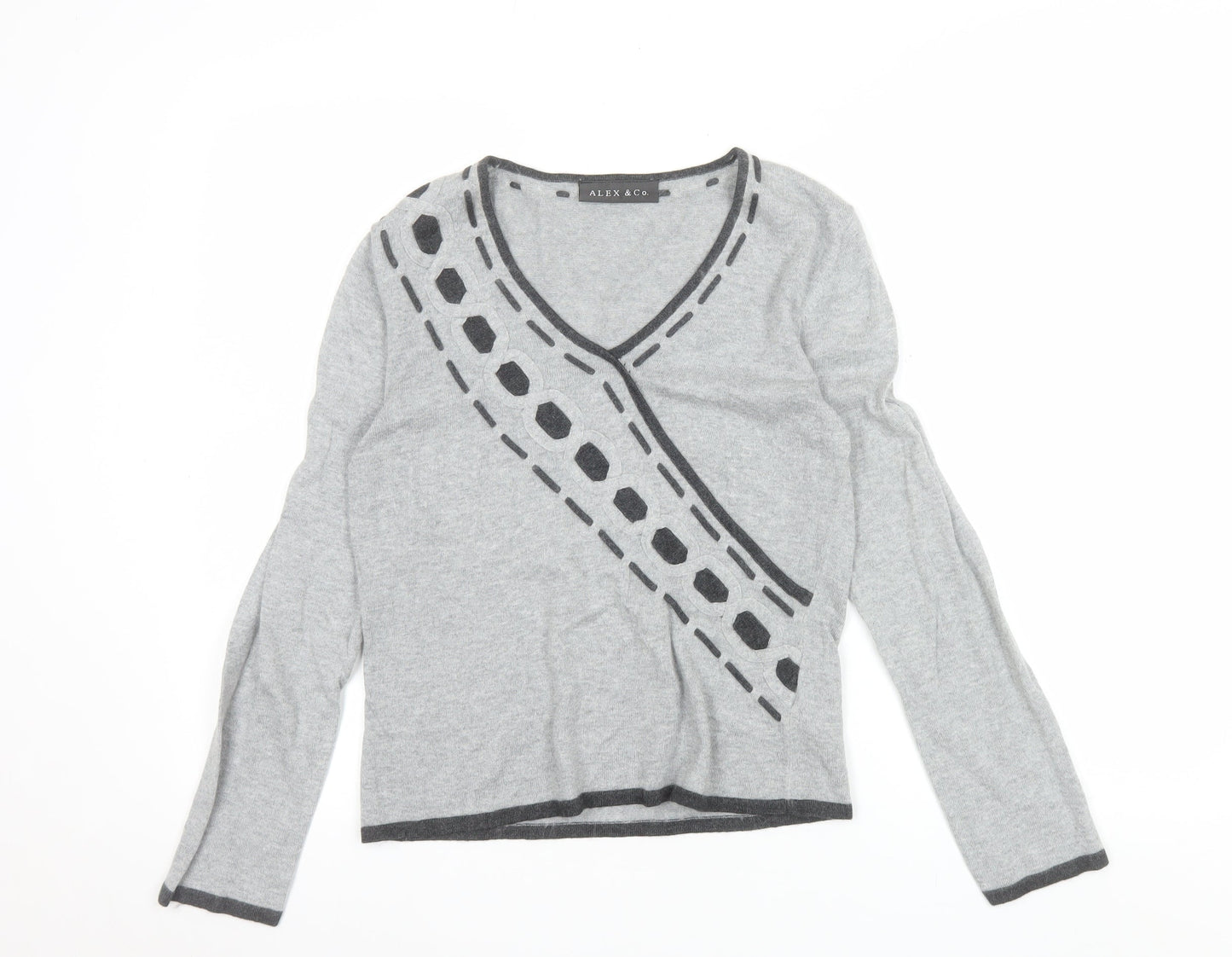 Alex & Co. Womens Grey V-Neck Geometric Knit Jumper Size 12