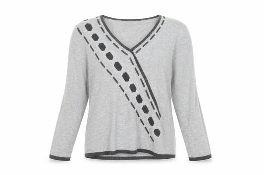 Alex & Co. Womens Grey V-Neck Geometric Knit Jumper Size 12
