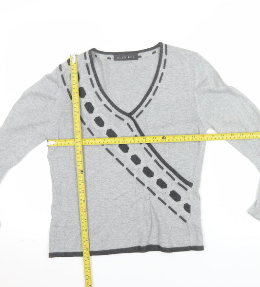 Alex & Co. Womens Grey V-Neck Geometric Knit Jumper Size 12