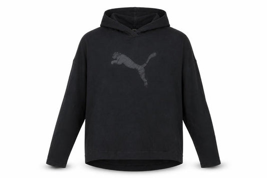 Front view of Puma Women's Black Pullover Hoodie, size 12, Hooded Logo Sweatshirt
