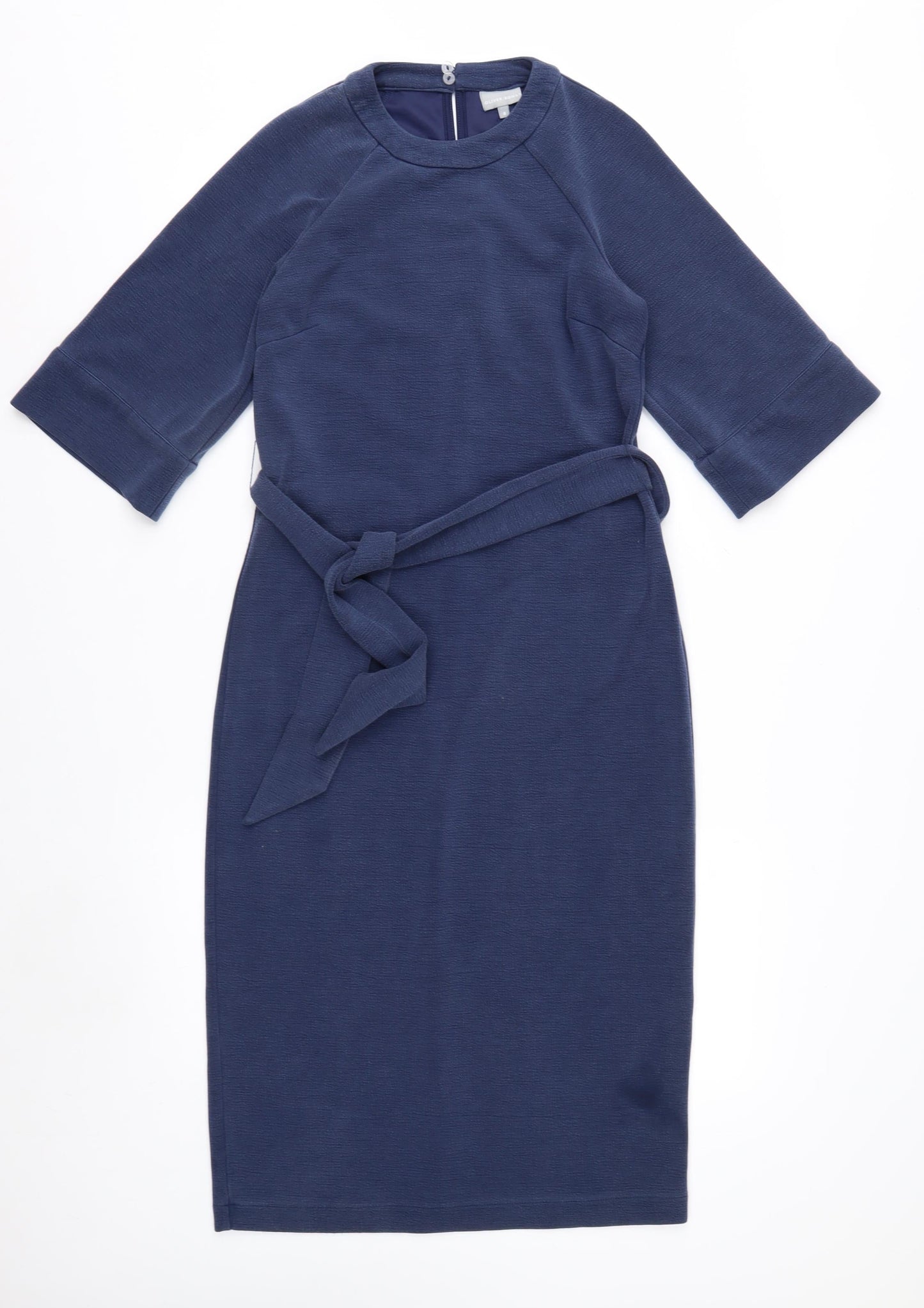 Oliver Bonas Women Blue Size 8 Sheath Knee Length Belted Dress