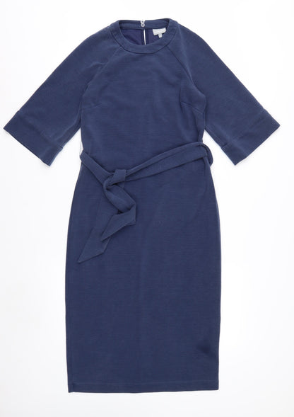 Oliver Bonas Women Blue Size 8 Sheath Knee Length Belted Dress