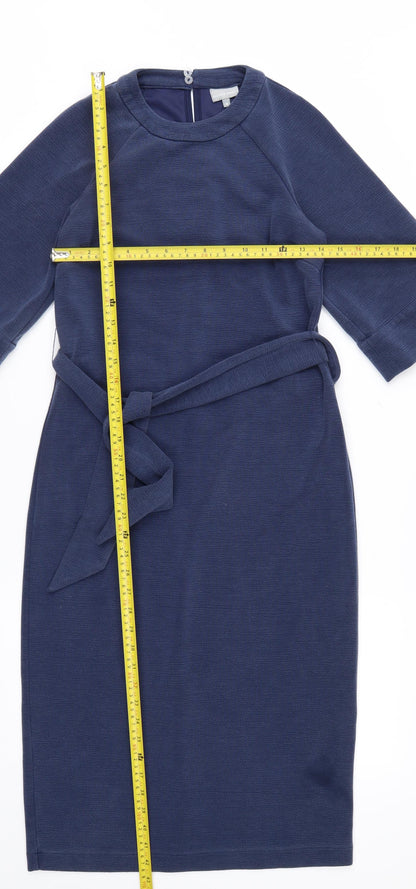 Oliver Bonas Women Blue Size 8 Sheath Knee Length Belted Dress