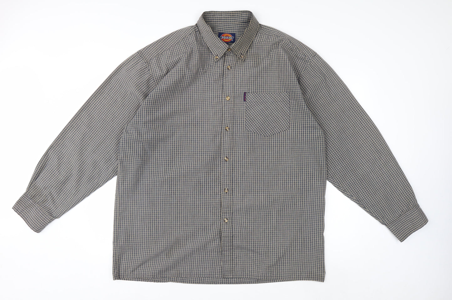 Dickies Men's Grey Check Long Sleeve Button-Up Shirt XL Classic Fit