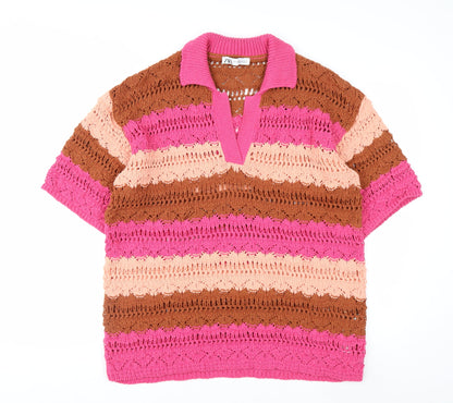 Zara Women’s Pink Brown Crochet Polo Top XL Short Sleeve