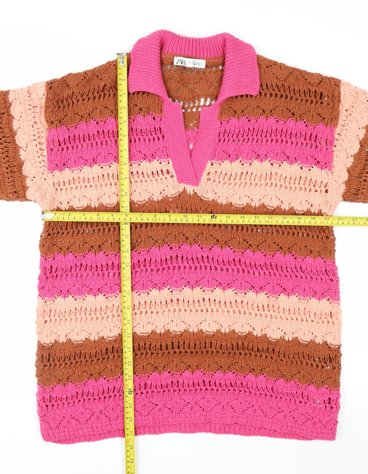 Zara Women’s Pink Brown Crochet Polo Top XL Short Sleeve