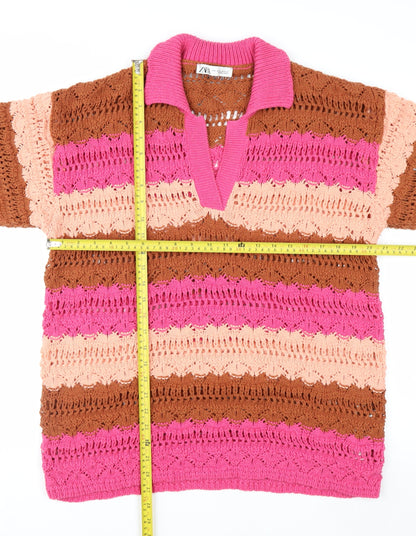 Zara Women’s Pink Brown Crochet Polo Top XL Short Sleeve