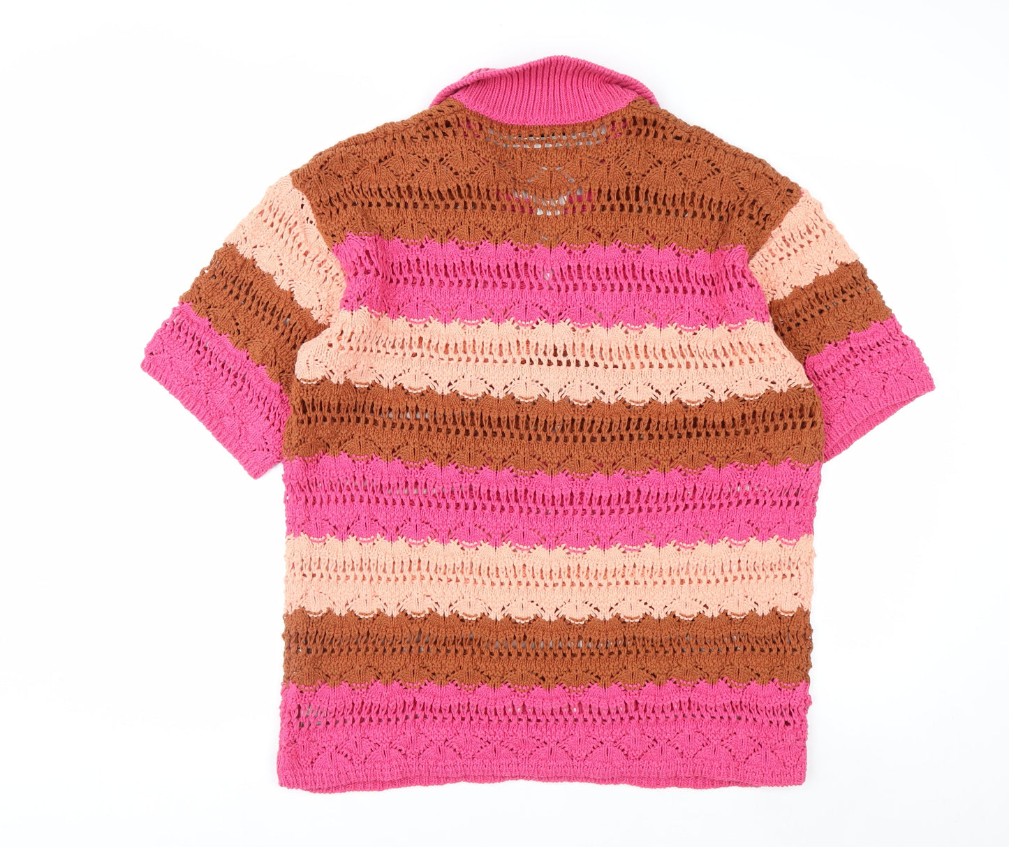 Zara Women’s Pink Brown Crochet Polo Top XL Short Sleeve